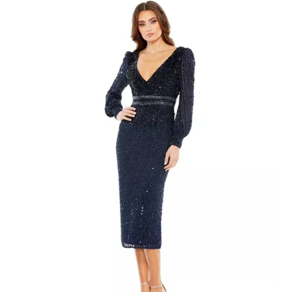 New navy Mac Duggal navy blue sequin Bishop dress size 6